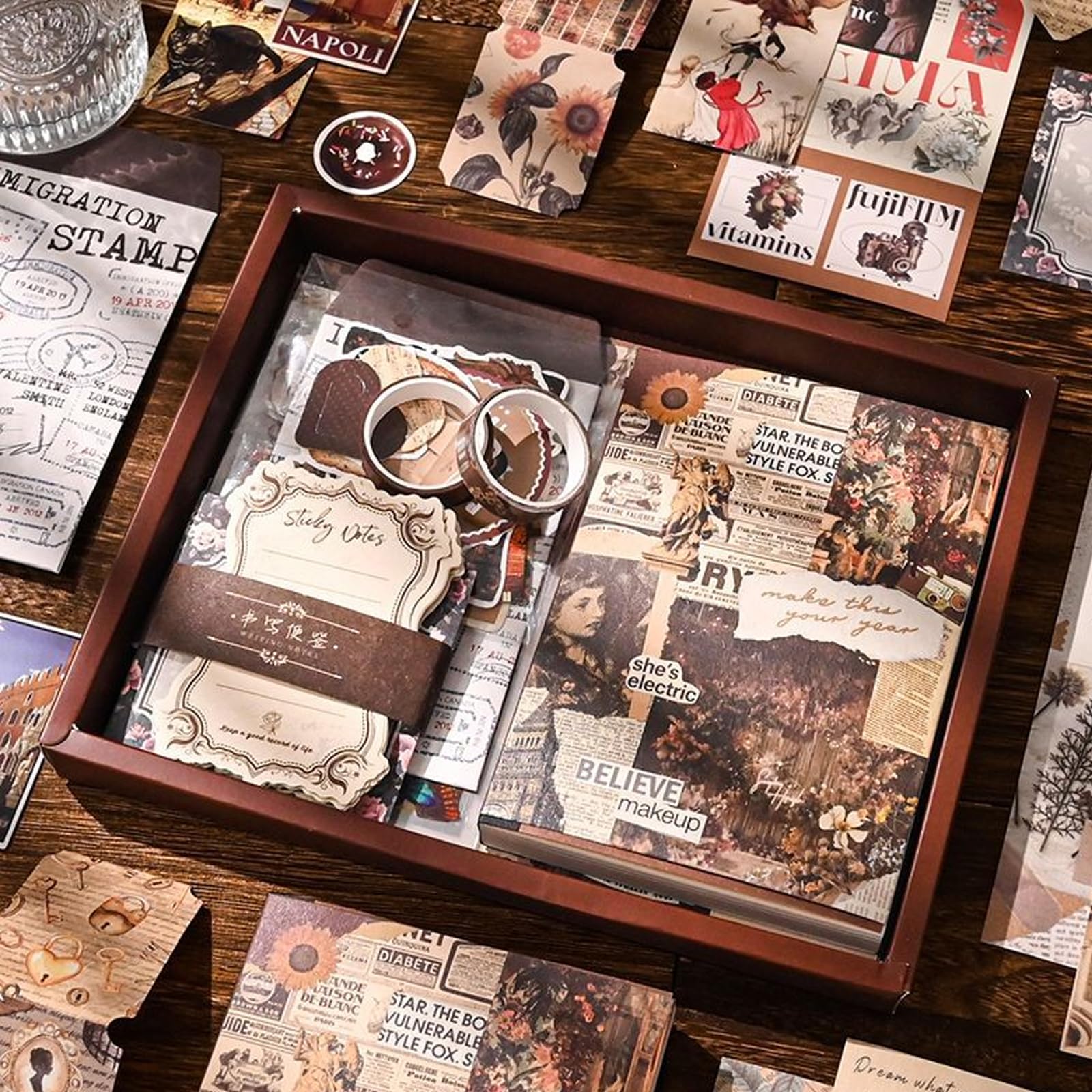 RANYAKE Estetyczny zestaw do scrapbookingu, zestaw dziennika śmieci w stylu vintage, zawiera kwadratowy notatnik A6, naklejki, akcesoria materiałowe do scrapbookingu, do dekoracji, rękodzieła, 260 szt