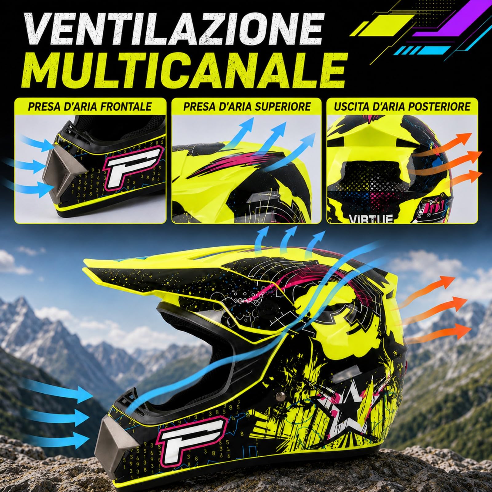 Set Casco Cross Integrale giallo neon e nero con Occhiali e Guanti