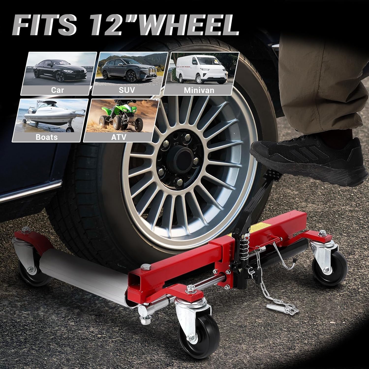 Professional Car and Trailer Dolly Set of 4 | Hydraulic 1500-Lbs Capacity Wheel Dollies | 12'' Heavy Duty Wheels for Vehicle Positioning | with Foot Pedal for Easy Auto Repair and Moving,red