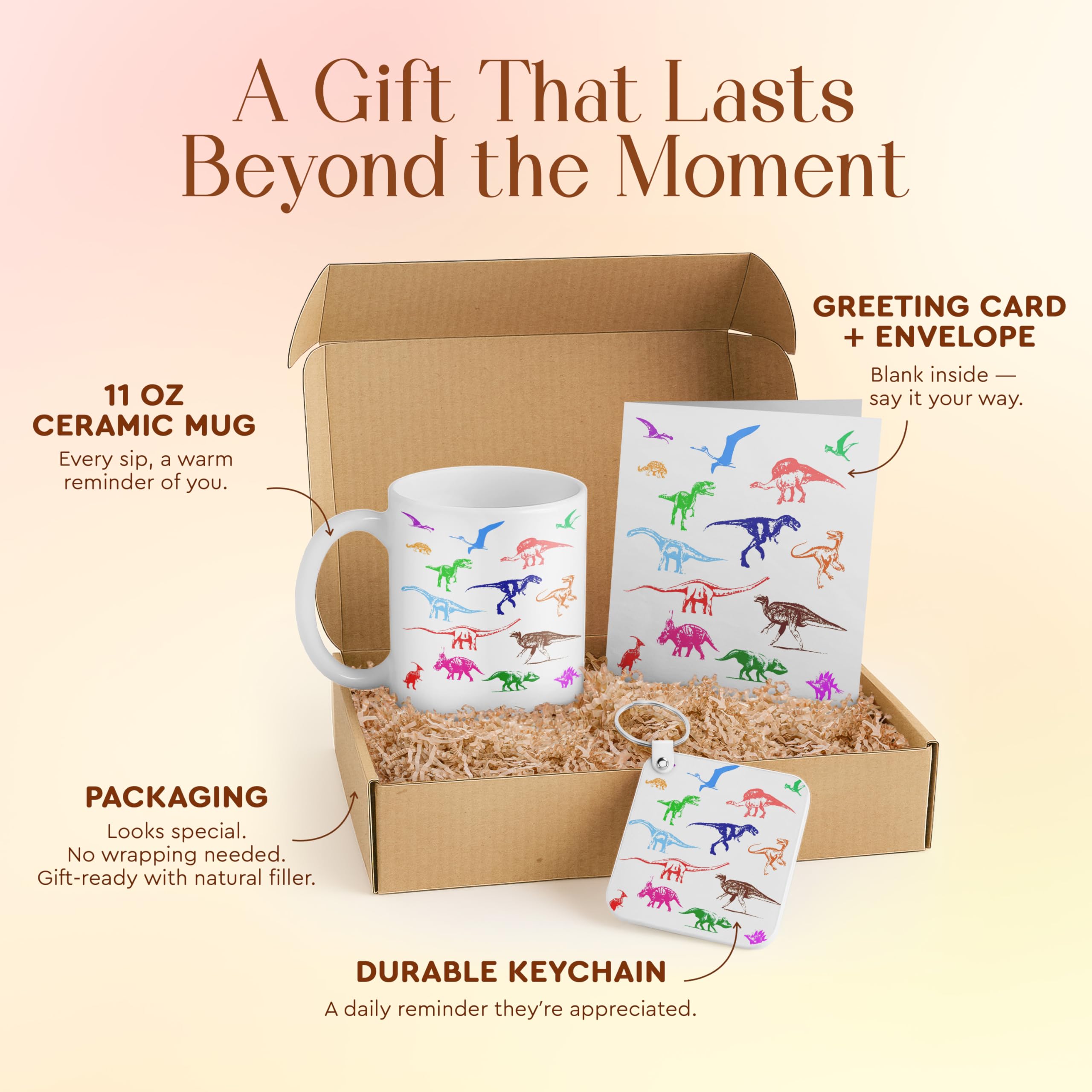3dRose Dinosaur Lover Gift Set for Kids - Includes Mug, Keychain, and Card with Colorful Dinosaur Illustrations - Ideal Birthday Gift for Animal Enthusiasts