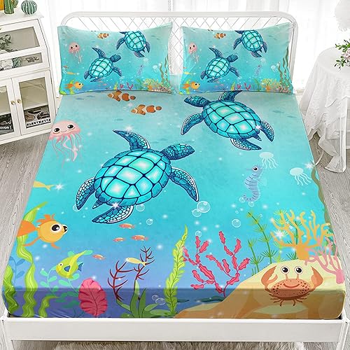 Sábana bajera ajustable de tortuga marina con diseño de tortuga de reptiles, animales marinos, funda de cama para adolescentes y adultos, incluye 1