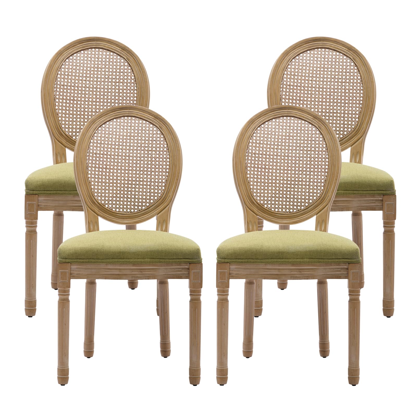 MZDOO French Country Dining Chairs Set of 4，Fabric Upholstered Dining Chair with Round Back and Solid Leg, Rattan Kitchen Chairs for Dining Room,