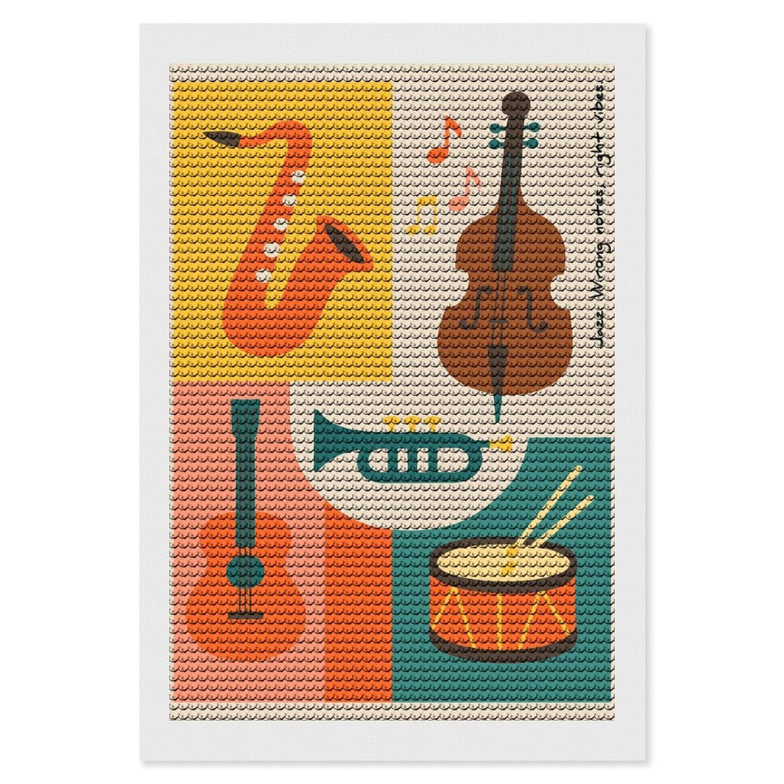 Junmoney Jazz Instruments and Music Notes Diamond Painting Canvas Set 8"x12", Satisfying Creative Project, Easy to Follow Symbols, Fun Craft Experience