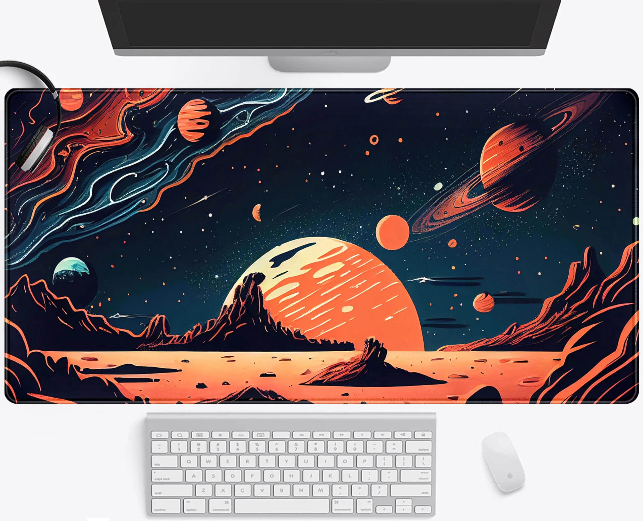 Painted Planets Desk Mat Outer Space Desk Pad, Orange Black Gaming Mouse Pad, Large Keyboard Mouse Mat Work Game, Deskmat with Stitched Edges XXL, Fun Office Decor Desk Accessories 31.5"x15.75"