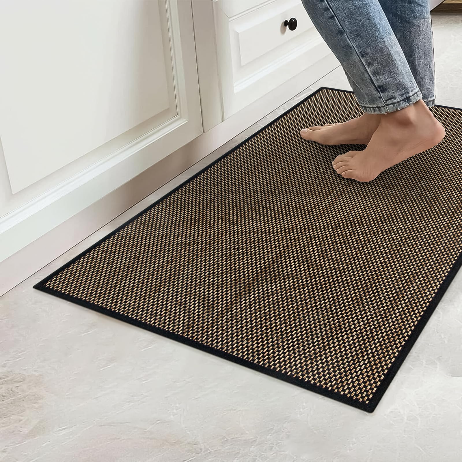 KIMODE Washable Kitchen Rugs, Non Slip Farmhouse Kitchen Rugs 20"X32", Absorbent Black Kitchen Mats for Floor, Woven Kitchen Floor Mat for Front of Sink, Entryway, Laundry Room