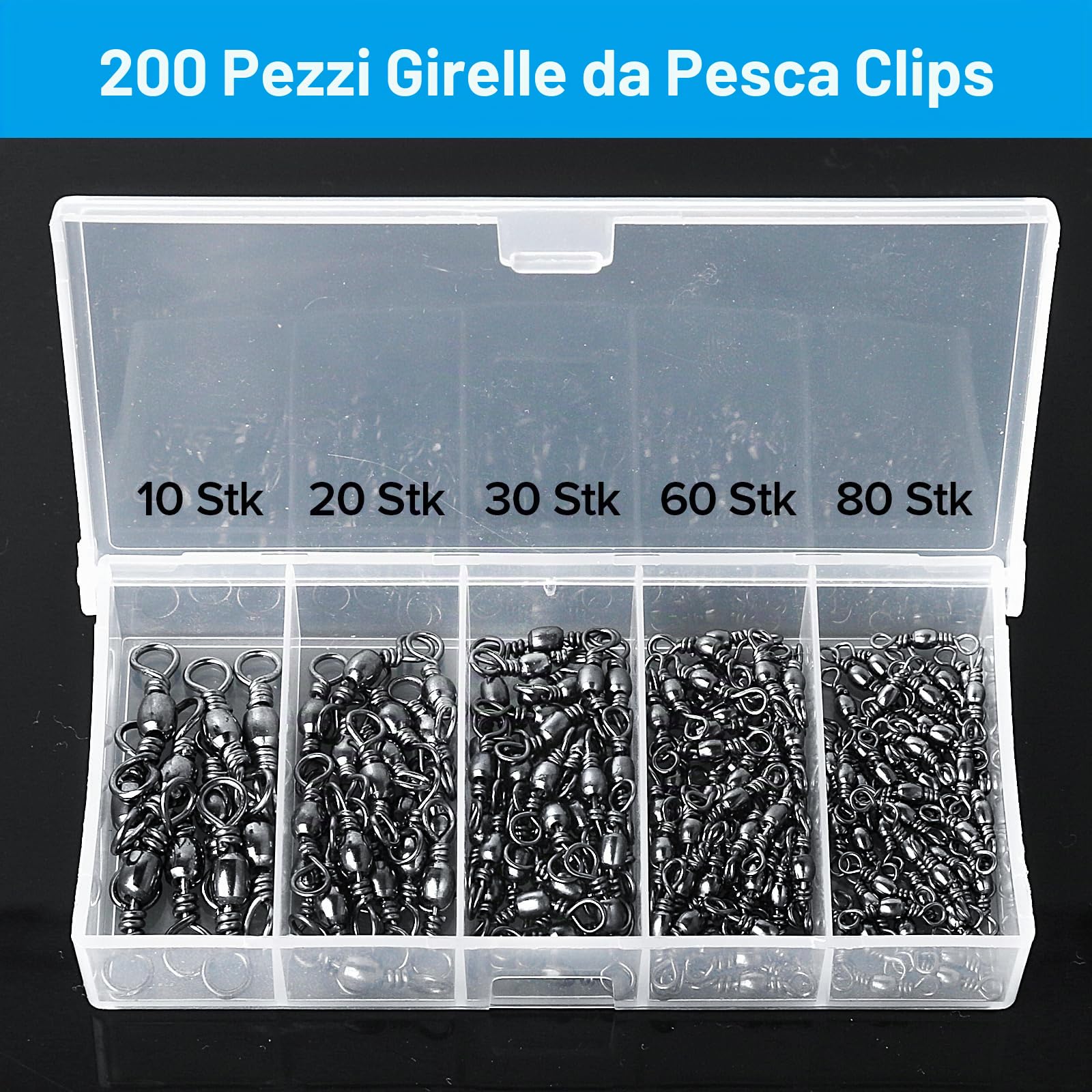 Realure 200 Pezzi Moschettoni Girelle Pesca Trota 5 Dimensioni Vortice da Pesca con Anelli Solidi Mulinello da Pesca Set Mulinello Vortice Pesca Accessori da Pesca Girella 6# 8# 10# 12# 14#