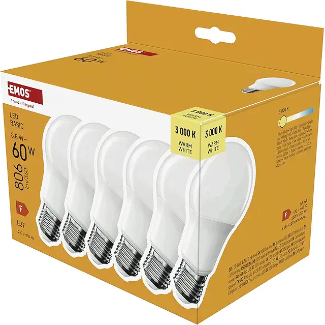 EMOS LED-Lampe BASIC A60, 6er Pack - E27, Warmweiß, 806 lm, 8,8W
