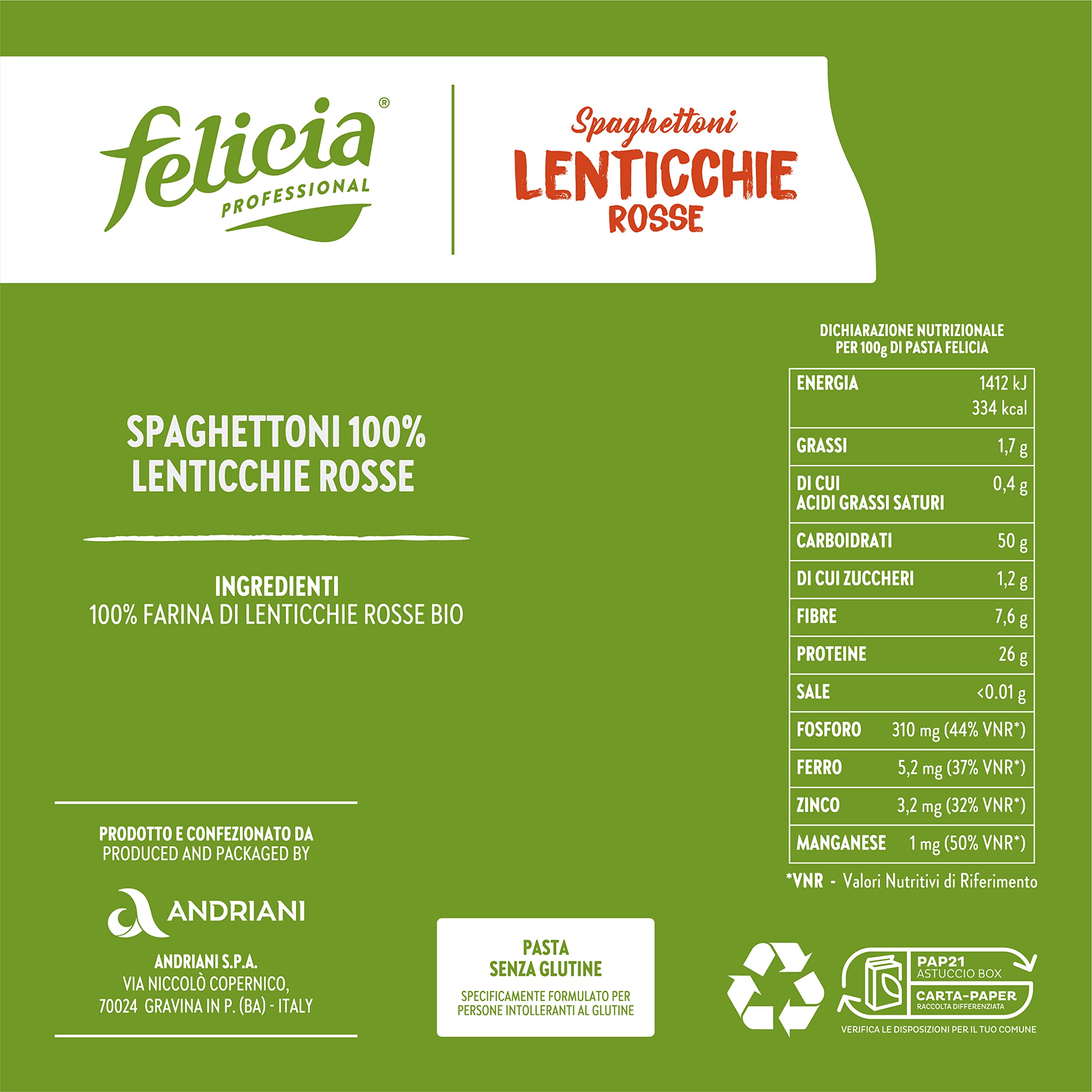Felicia, Spaghettoni di Lenticchie Rosse, Pasta di Legumi Naturale e Biologica, Ricca Fonte di Fibre, di Proteine Vegetali e di Sali Minerali, Senza Glutine, Box da 18 Confezioni