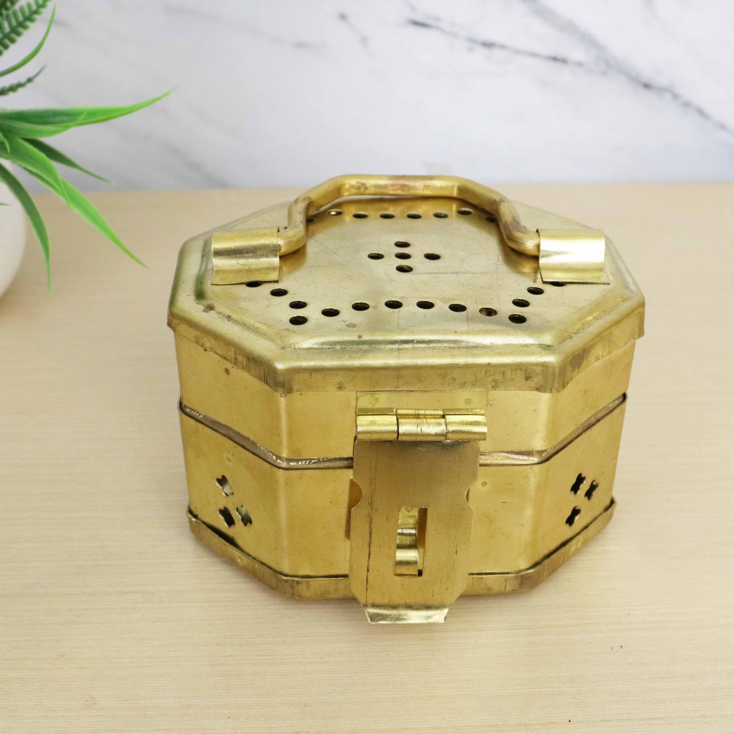 PutrikaPutrika Traditional Brass Jewellery Box|Vintage Style Lockable Storage Container |Multipurpose storage box|Storage Container| Treasure Box|Cash Box[Weight: 320gm]- hexogen box with hole