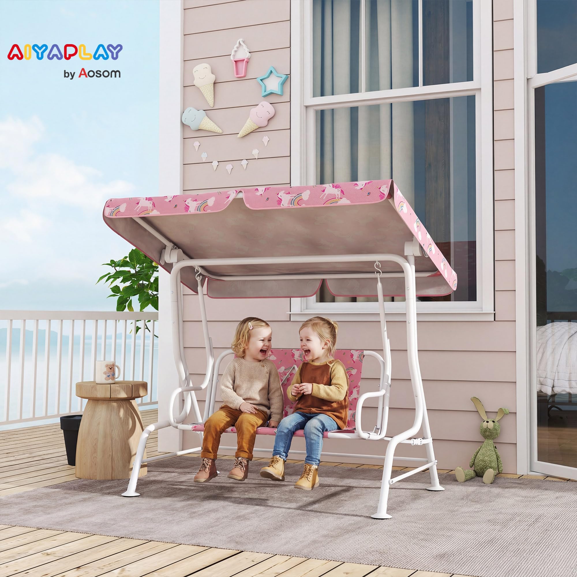 AIYAPLAY Columpio de Jardín Exterior para Niños de 2 Plazas, Balancín de Jardín, Toldo Ajustable, con Cinturones de Seguridad, Diseño de Unicornio y Arcoíris, para Interior, Patio, 112x75x120 cm, Rosa