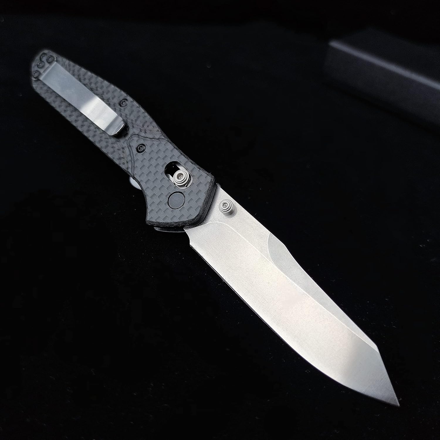 HUAAO Manually Operated Button-Lock Knife EDC Folding Pocket knives For Men, D2 Reverse Tanto Blade, Plain Edge,Satin Finish, Black Carbon Fiber Handle With Deep Carry Pocket Clip