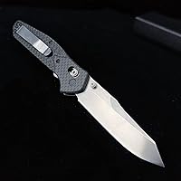 Vista 3 de HUAAO Manually Operated Button-Lock Knife EDC Folding Pocket knives For Men, D2 Reverse Tanto Blade, Plain Edge,Satin Finish, Black Carbon Fiber