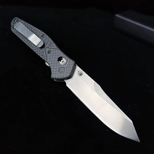 Miniatura 3 de HUAAO Manually Operated Button-Lock Knife EDC Folding Pocket knives For Men, D2 Reverse Tanto Blade, Plain Edge,Satin Finish, Black Carbon Fiber