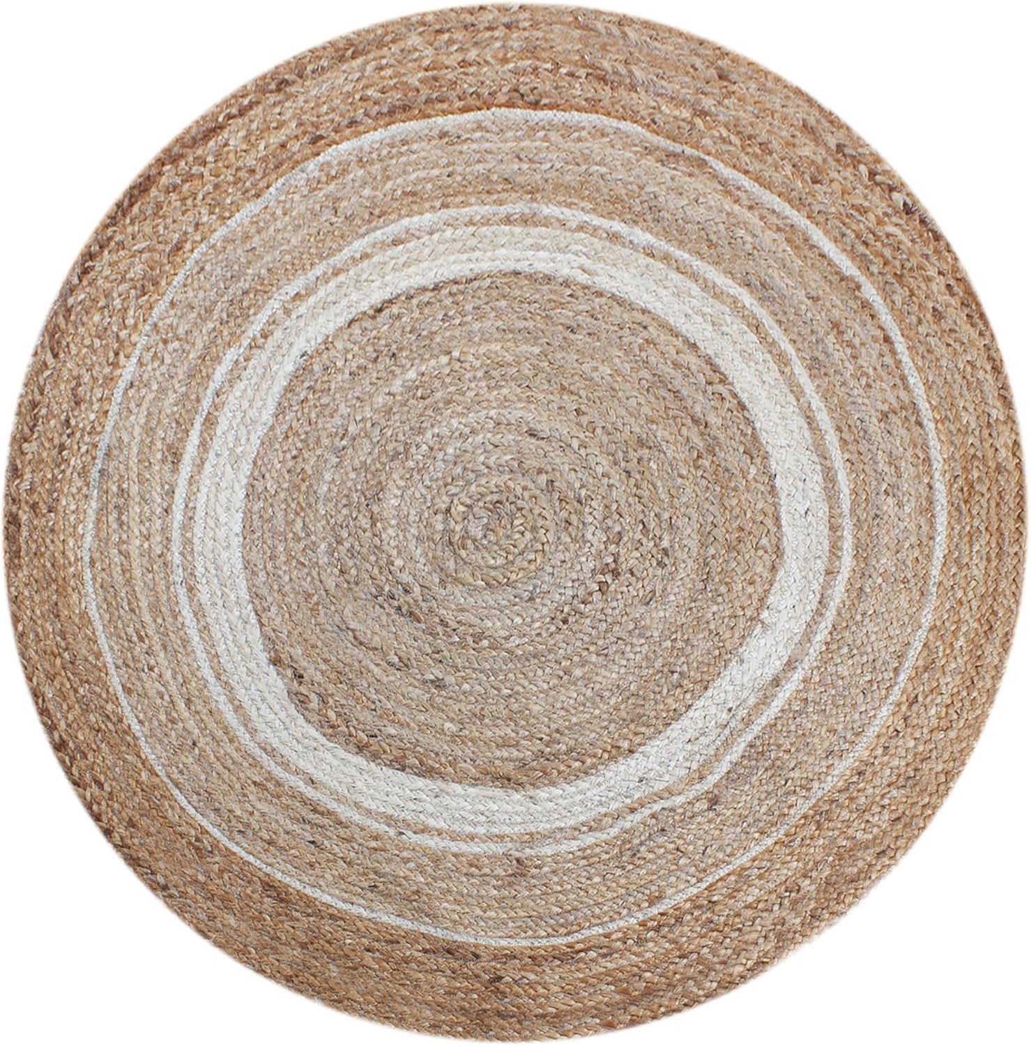 Natural Collection Circle Area Rug - 3 x 3 Ft' Round Beige and White Handmade Boho Braided Jute Ideal for High Traffic Areas in Living Room, Bedroom