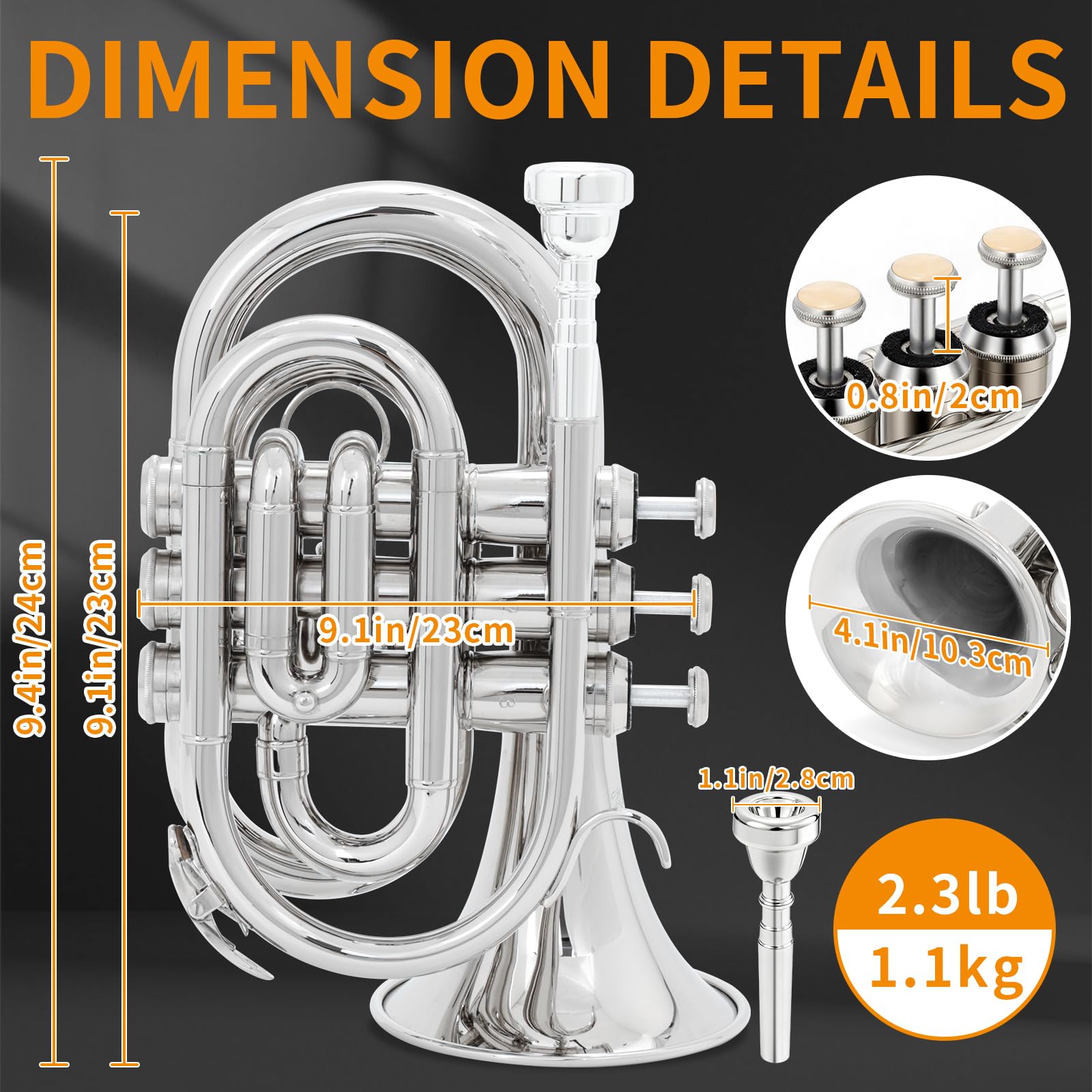 Kmise Bb Tragbare Taschentrompete, Premium-Messing-Mini-Trompeten für Studenten, Anfänger, Trompeteninstrument-Set mit stabilem Koffer, 7C-Mundstück, Anfängerführungsset und Reinigungsset (vernickelt)