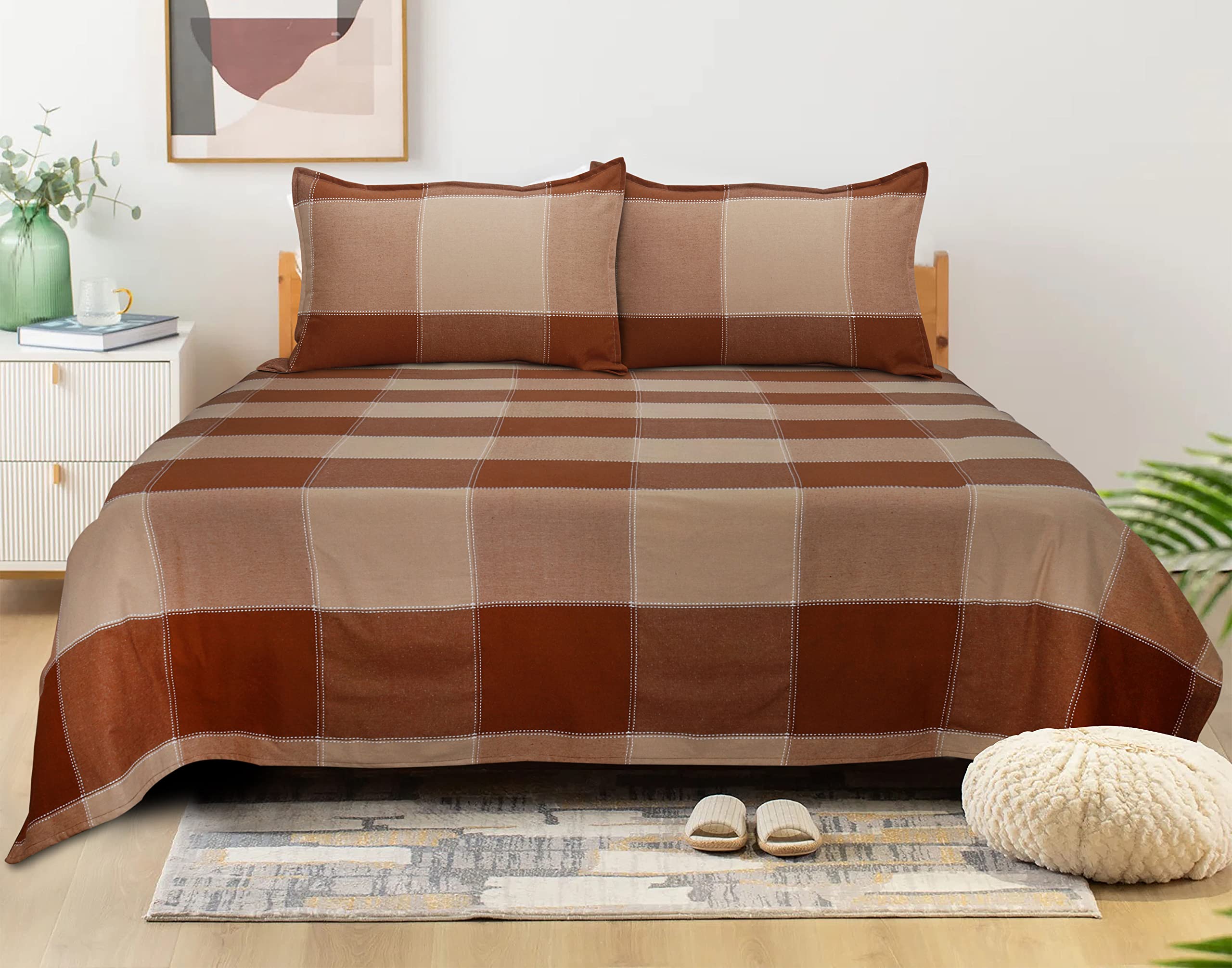 AIRWILL, 200GSM Handloom Cotton Double Bedsheet with 2 Pillow Covers, 4-Way Dobby Checked Designer Weaved Brown Combo - Pack of 3 pcs-picture-14
