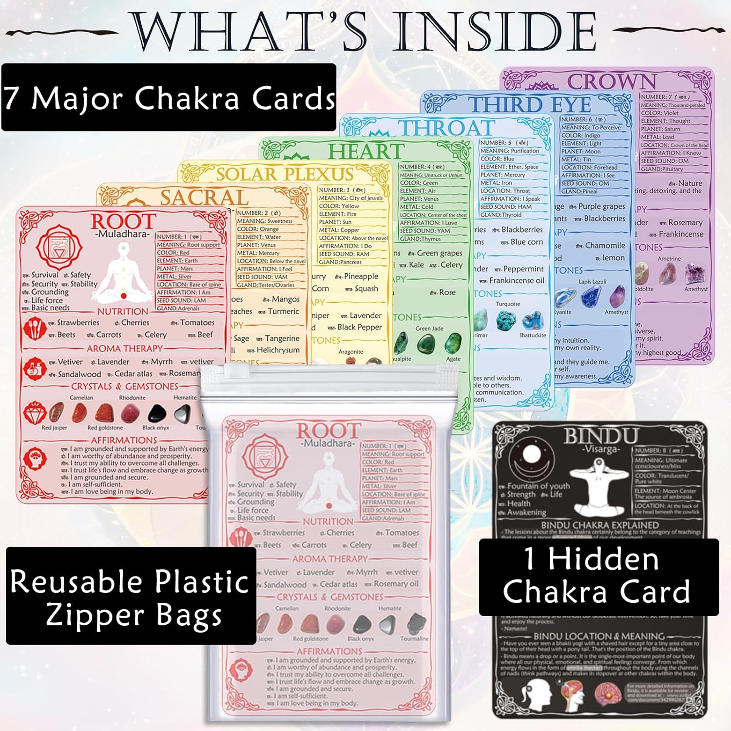 PapaLegba 7+1 Waterproof Chakra Cards Set, Durable Double-Sided Guide Deck & Chart for Yoga, Meditation, Reiki & Energy Balance – Includes Healing Crystals, Aromatherapy, Affirmations & Yoga Poses - Image 3