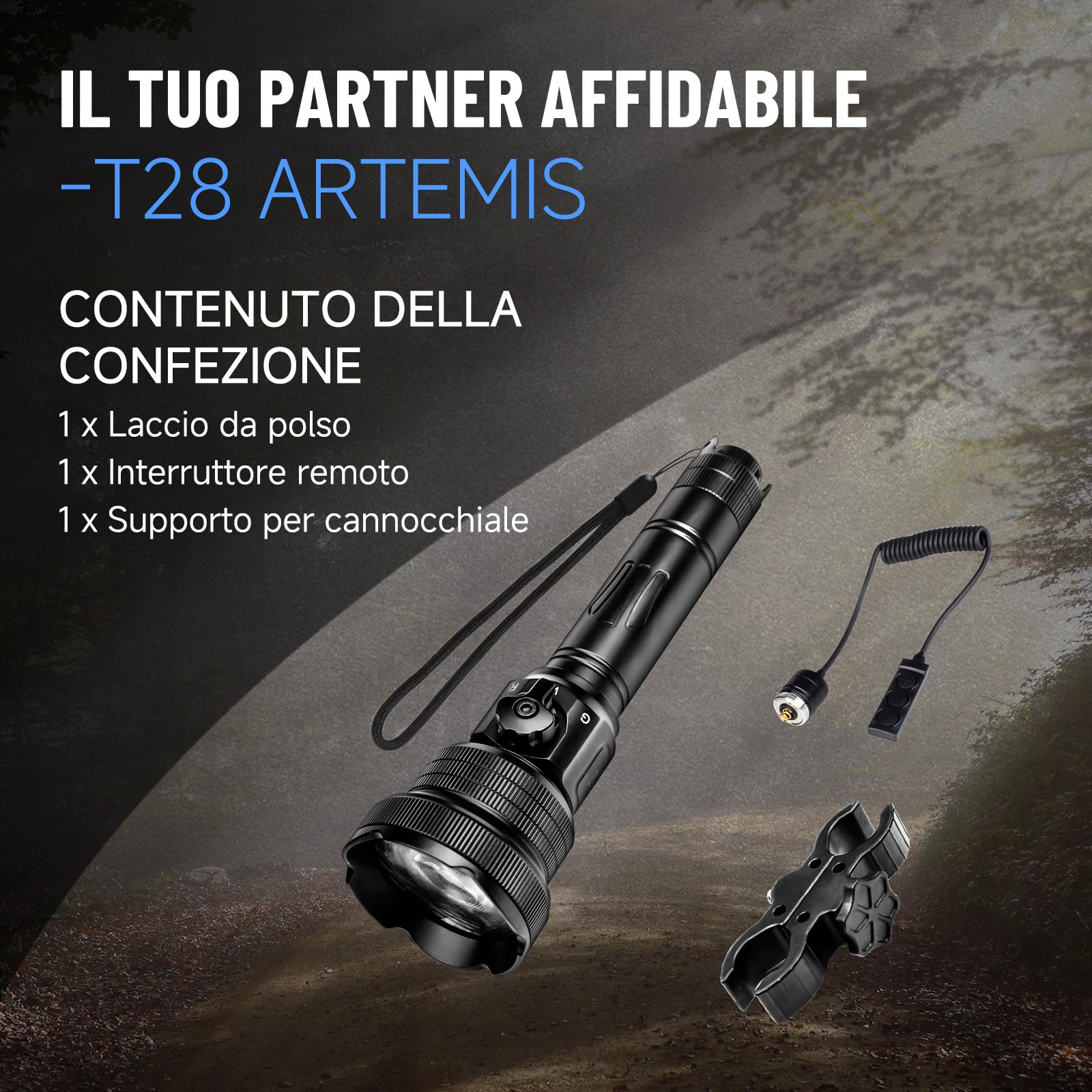 Brinyte T28 Torcia Led Zoom 3-In-1 Rosso Bianco Verde Outdoor | Regolatore Continuo, Interruttore Rotativo, Lunga Gittata,Torcia Tattica, Interr Remoto, Due Supporti, Esterno, Escursionismo
