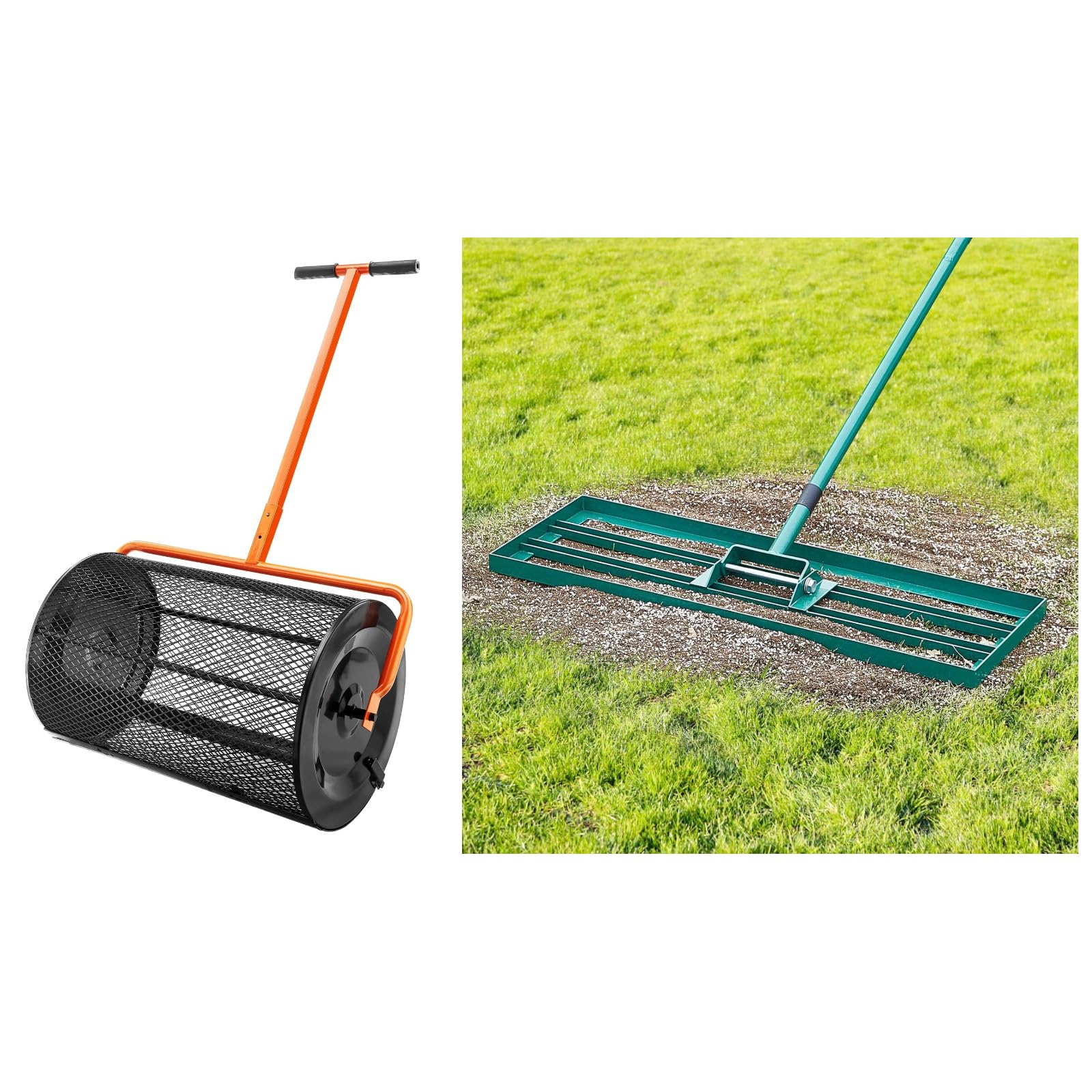 Rozsiewacz kompostu z grabiami do wyrównywania trawnika, kosz o szerokości 24" z regulowanym uchwytem i narzędzie do wyrównywania trawnika o wymiarach 30"x10" z uchwytem o długości 78", pomarańczowo