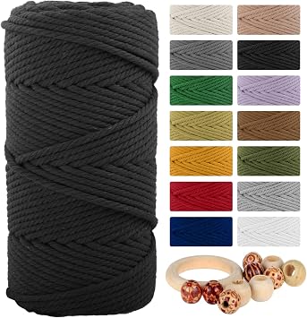 Macrame Cotton Cord 5mmx109 Yard 4 Strand, Munzong Natural Handmade 4 Twisted Cotton Rope for Wall Hanging Weaving Tapestry DIY Craft Knitting Plant Hanger Gift Wrapping Wedding Decor100m, Black