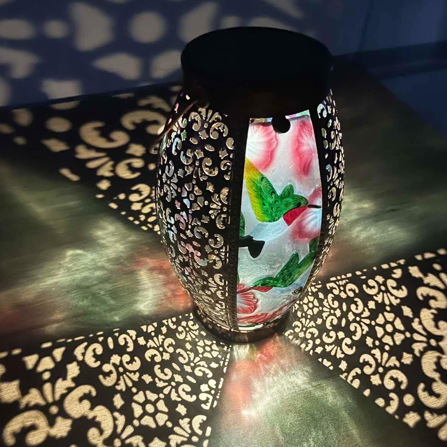 16" H Butterfly + 16" H Hummingbird Solar Lanterns Glass & Metal Hanging Lantern Outdoor Waterproof Tabletop Light with Hollowed-Out Design for Garden Patio Table Decor Christmas Gifts