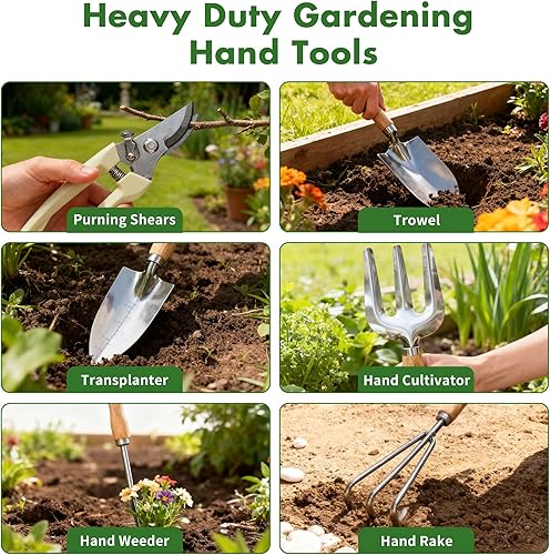 Miniatura 6 de Regalos de jardinería para mujeres, juego de 12 herramientas de jardín con cesta, herramienta de mano de jardinería resistente con mango de madera,