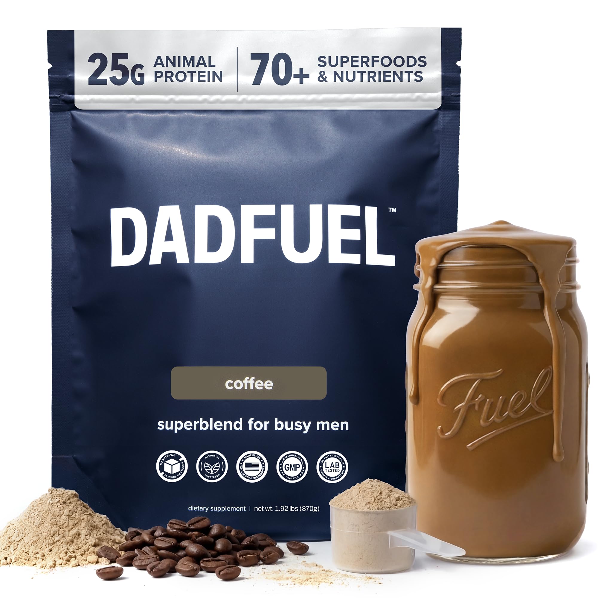 DADFUEL All-in-One Meal Replacement Shake for Men | 25g Whey Protein Isolate + 70+ Superfoods & Nutrients | Non-GMO, Gluten-Free, No Added Sugar | Smooth Taste, Easy Mix | 15 Servings