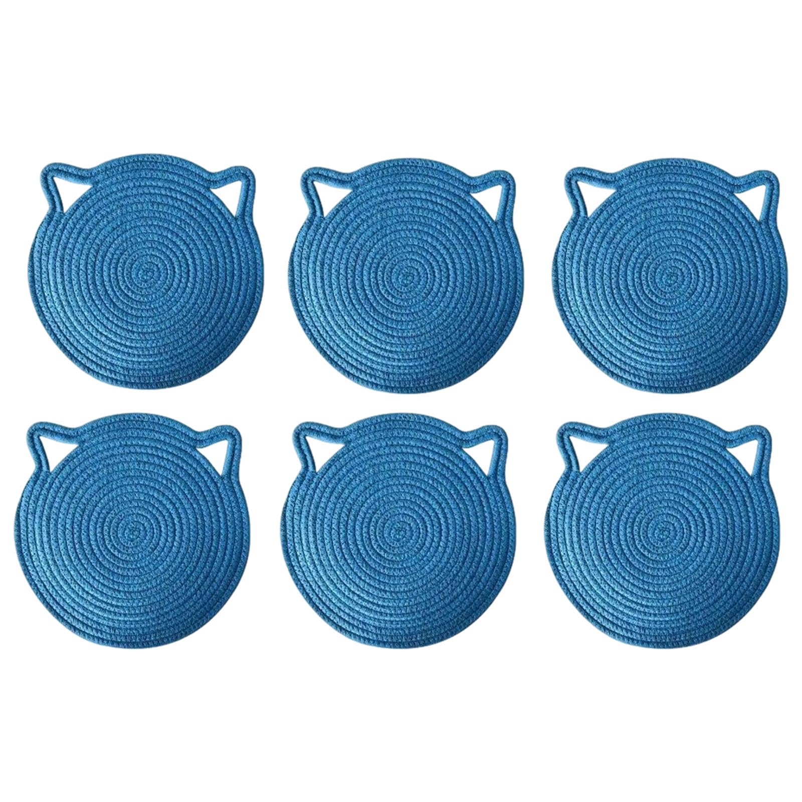 6Pcs Adorable Coasters Cats Ear Shape Table Mats Absorbent Braided Cotton Fabric Drink Coasters Protect Wooden Table Washable Cotton Placemat