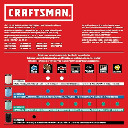 Miniatura 8 de CRAFTSMAN CMXEVBE17656 - Aspiradora húmeda y seca de 20 galones, 6.5 pico de HP con carrito, aspiradora de tienda resistente con filtro de polvo