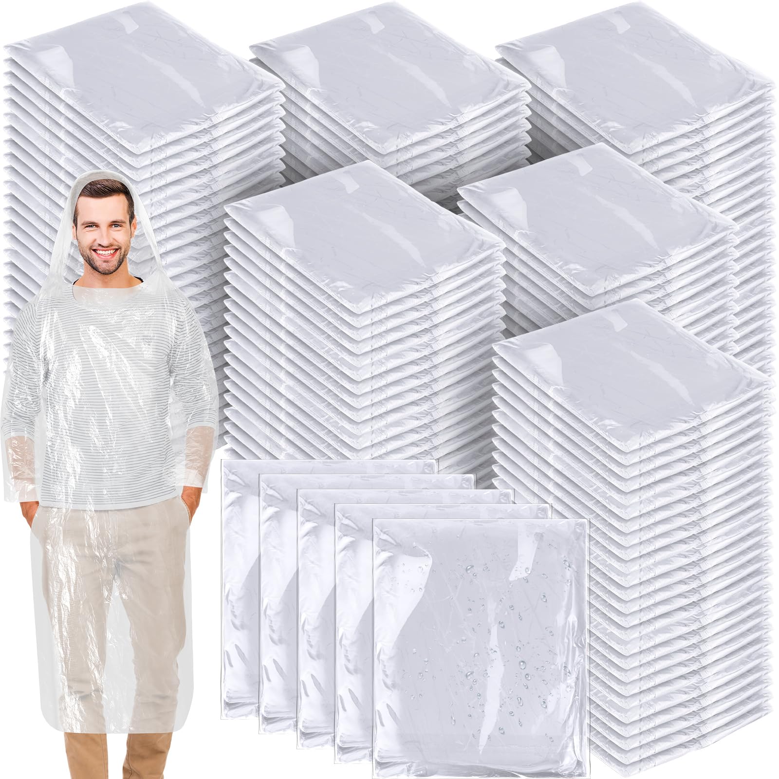 150 Pack of Adult Rain Ponchos with Hood, Disposable Rain Ponchos, Plastic Raincoat Poncho for Adult Homeless