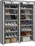 JIUYOTREE 7 Tier Shoe Rack Storage Organizer with Big Capacity,Double Row Shoe Cabinet,Shelf,Closet with Nonwoven Fabric Cover,Black