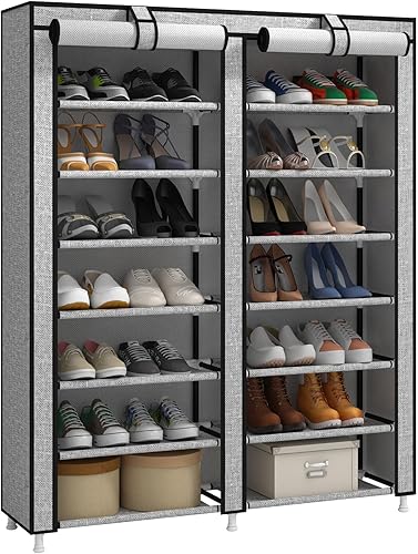 JIUYOTREE Zapatero organizador de 7 niveles con cubierta a prueba de polvo, estante de armario con capacidad para hasta 28 pares para puerta,