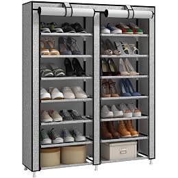 JIUYOTREE 7-Tier Shoe Rack Storage Organizer with Dustproof Cover Closet Cabinet Shelf Holds up to 28 Pairs for Doorway Corridor Balcony Living Room Ash Gray