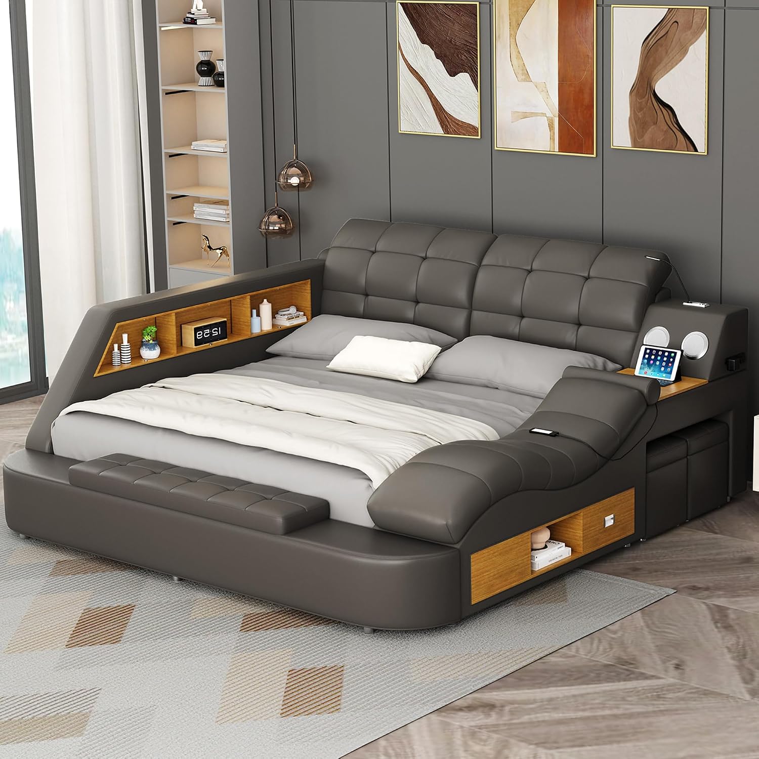 Amazon.com: ModaWhly Multifunctional King Bed Frame, Gray Luxury Smart