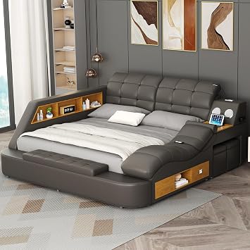 Multifunctional Queen Bed Frame, Gray Luxury Smart Bed Frames with Massage Chaise Lounge on Right, Modern Bed with Bluetooth Speakers & USB Charging Station for Bedroom