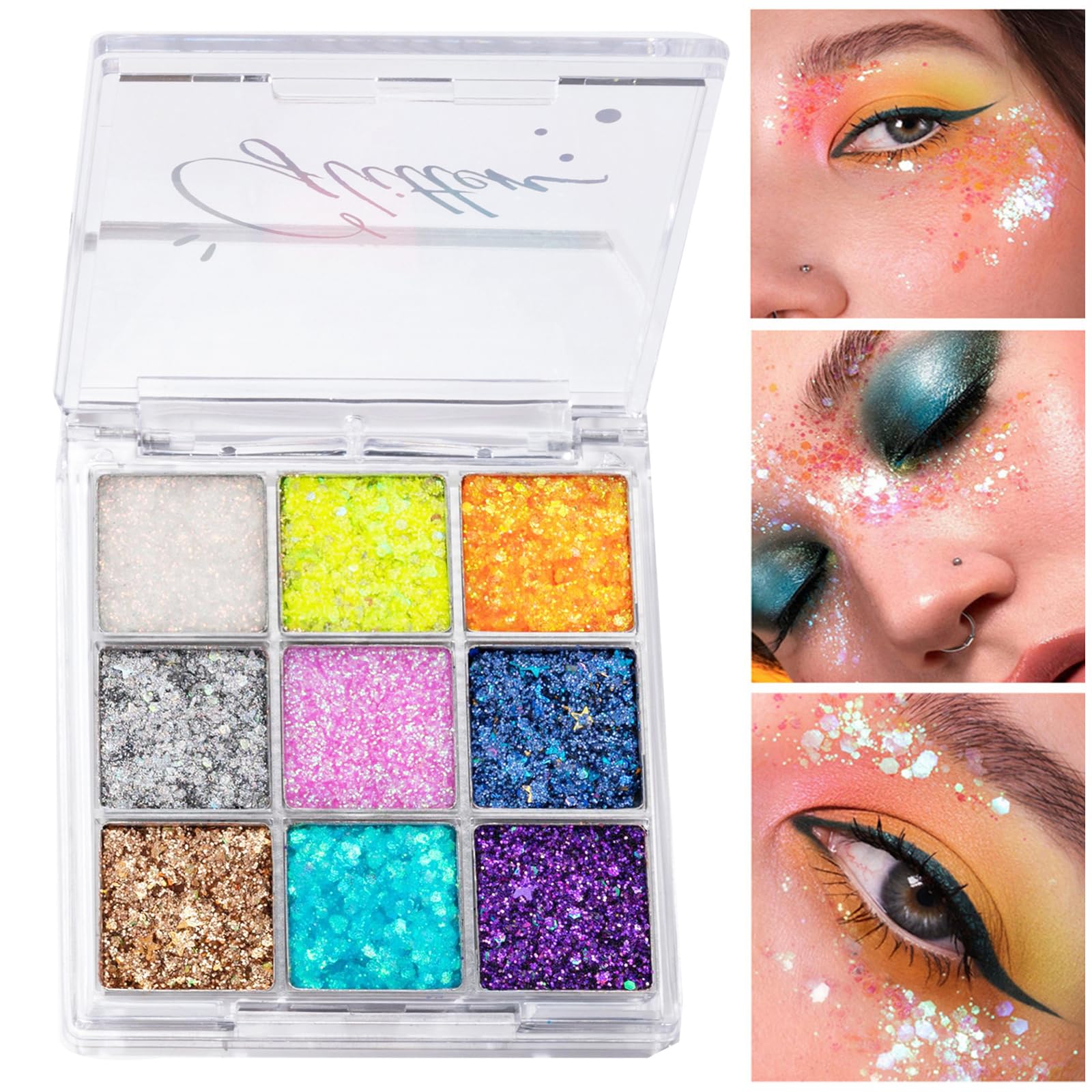 9 Colors Eyeshadow Palette, Glitter Bright Eye Shadow Make up Metallic Colorful Pink Blue Gold Green Orange Shimmer Makeup Rainbow Face Glitter Eyeshadows Pallets for Women Daily and Stage Make-Up
