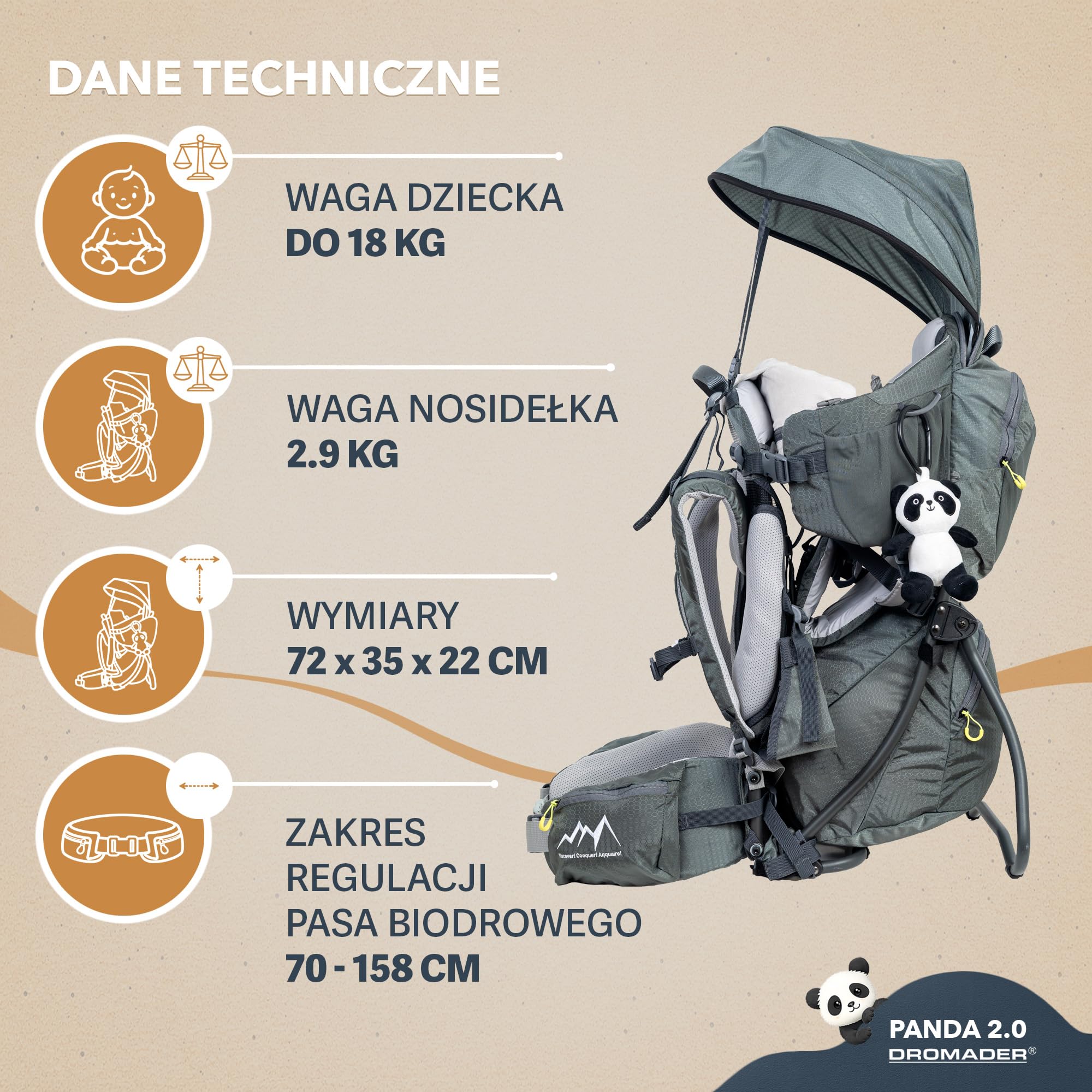 Dromader Nosidełko Turystyczne dla dzieci do 18kg - Regulowane Siedzisko z Poduszką do Spania - Chowany Daszek Przeciwsłoneczny - System Nośny Odciążający Kręgosłup - Kieszeń Termiczna – Panda Olive