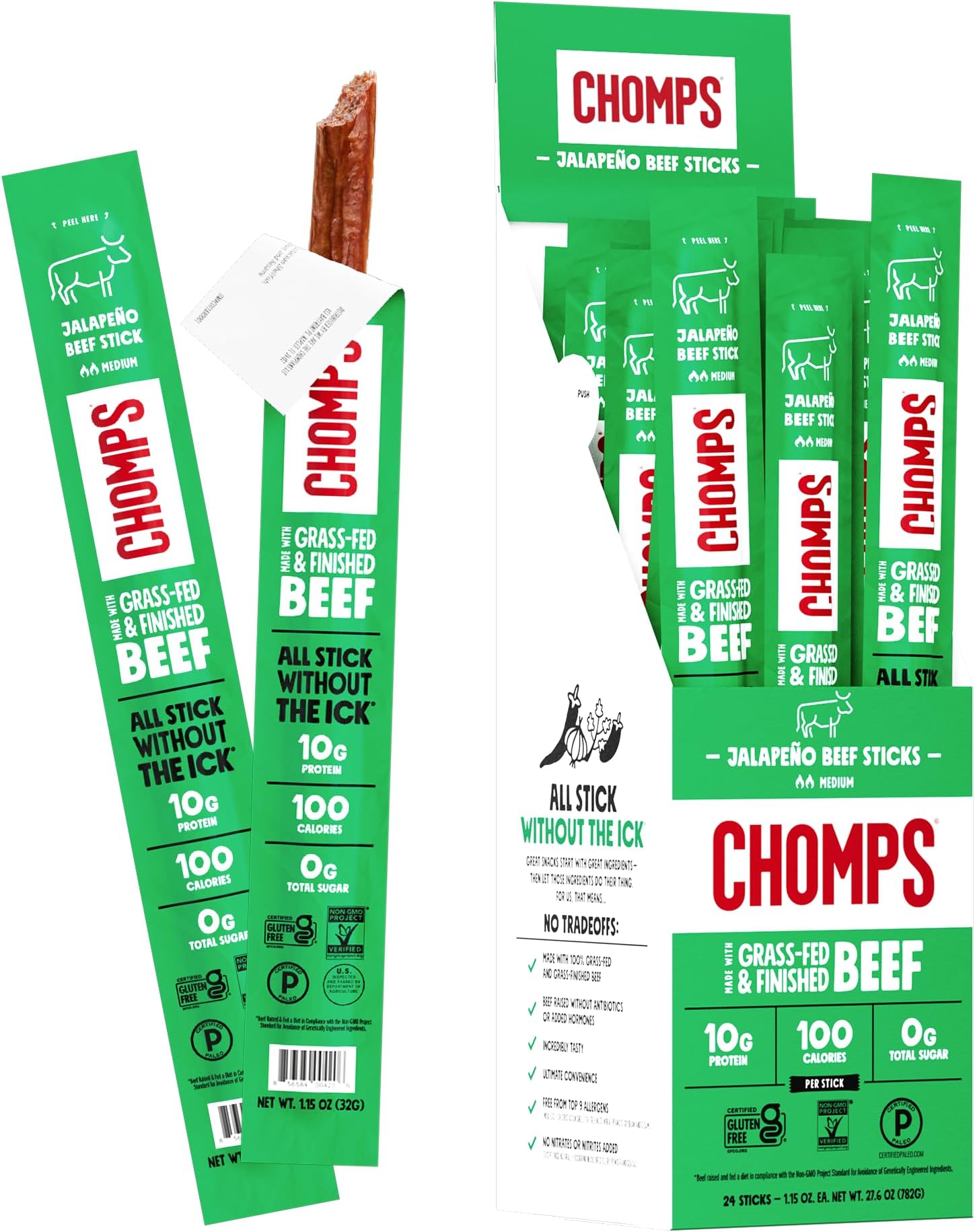 - Chomps Grass-Fed and Finished Jalapeño Beef Jerky Snack Sticks 24-Pack - Keto, Paleo, Whole30, 10g Lean Meat Protein, Gluten-Free, Zero Sugar Food, Non-GMO