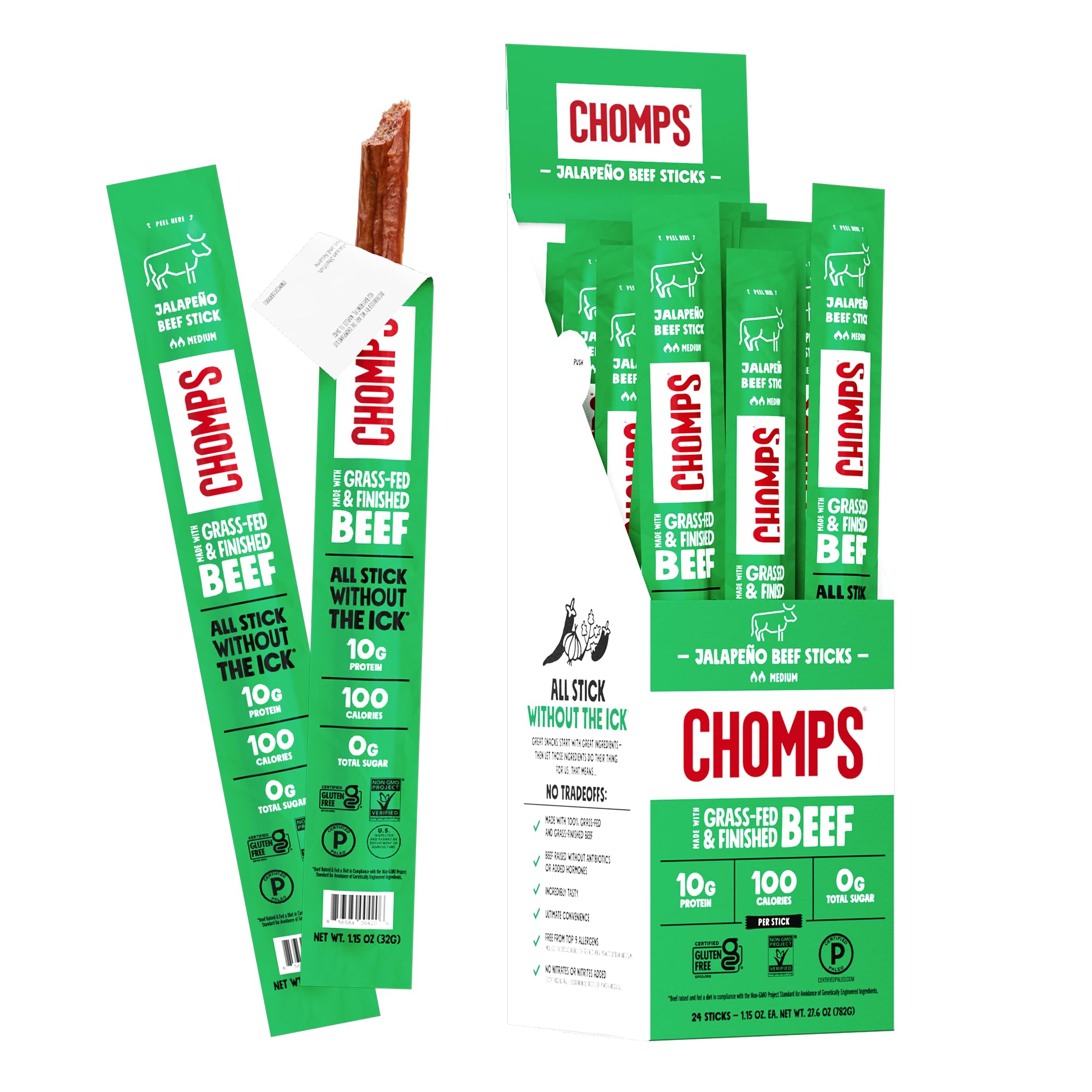 - Grass-Fed and Finished Jalapeño Beef Jerky Snack Sticks 24-Pack - Keto, Paleo, Whole30, 10g Lean Meat Protein, Gluten-Free, Zero Sugar Food, Non-GMO