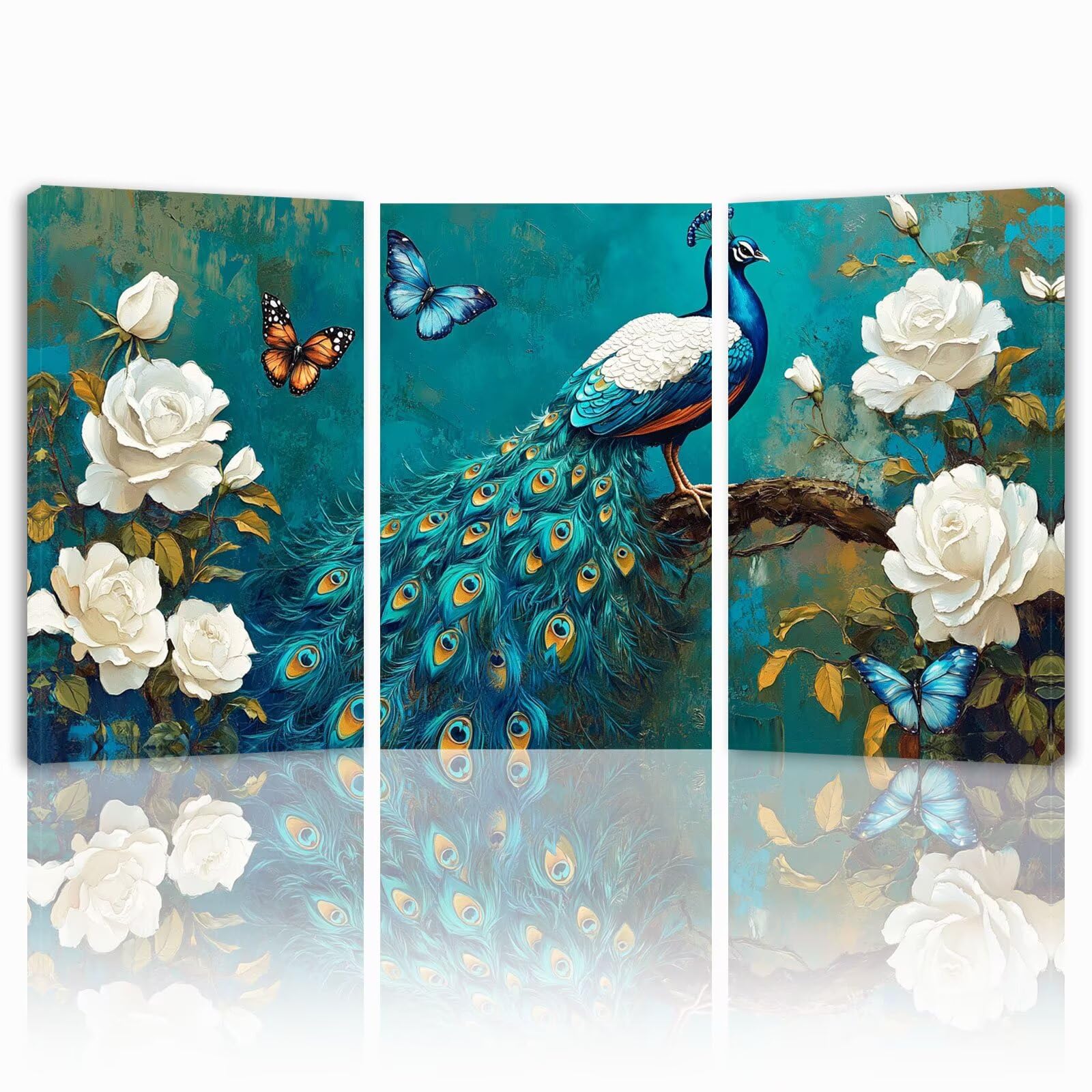 3 Pcs Cadre en Bois Impression sur Toile, Tableau Decoration Murale, Tableau Fleur Affiche Decoration Murale Paon Poster et Arts Décoratifs Triptyque Salon Chambre Prêt a Accrocher 35x50 cm 1f-1093