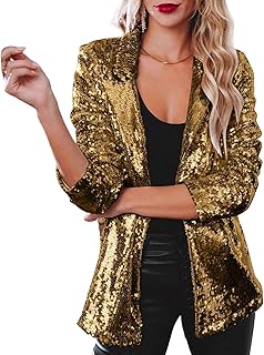 Women's Sequin Blazer Sparkly Party Christmas Long Sleeve Lapel Open Fro...