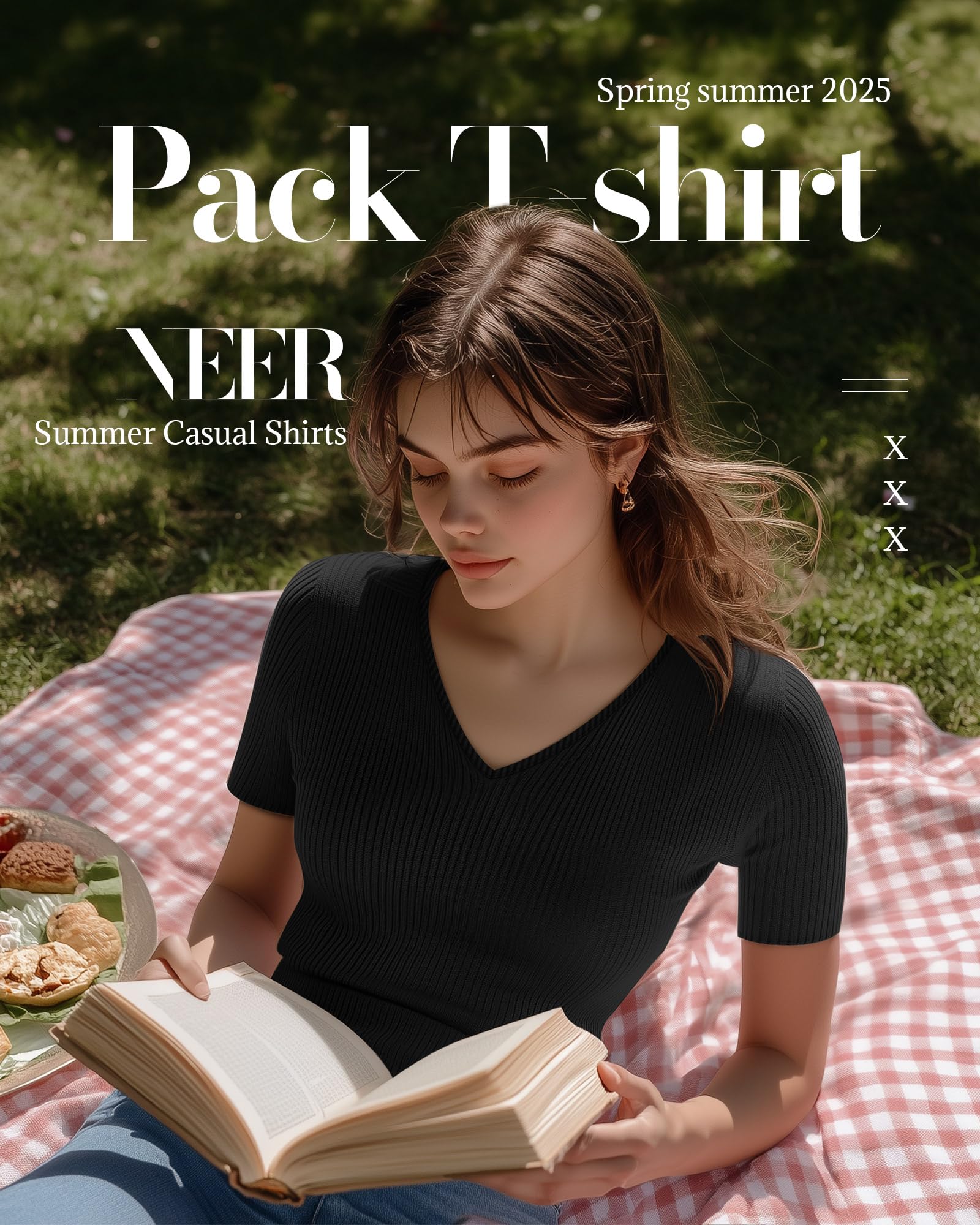 Neer Lot de 4 t-shirts à col en V en coton côtelé à manches courtes et coupe ajustée pour femme
