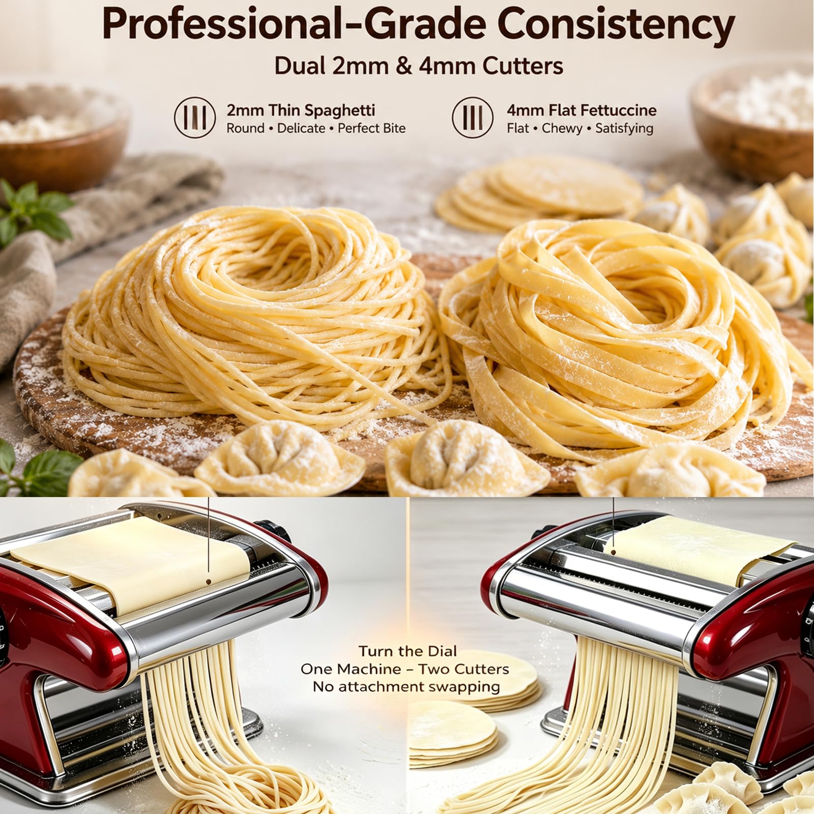 XINGYUEXUAN Máquina manual para hacer pasta, fideos, masa, acero inoxidable, con cortadores de 2 mm y 4 mm para hacer pasta casera