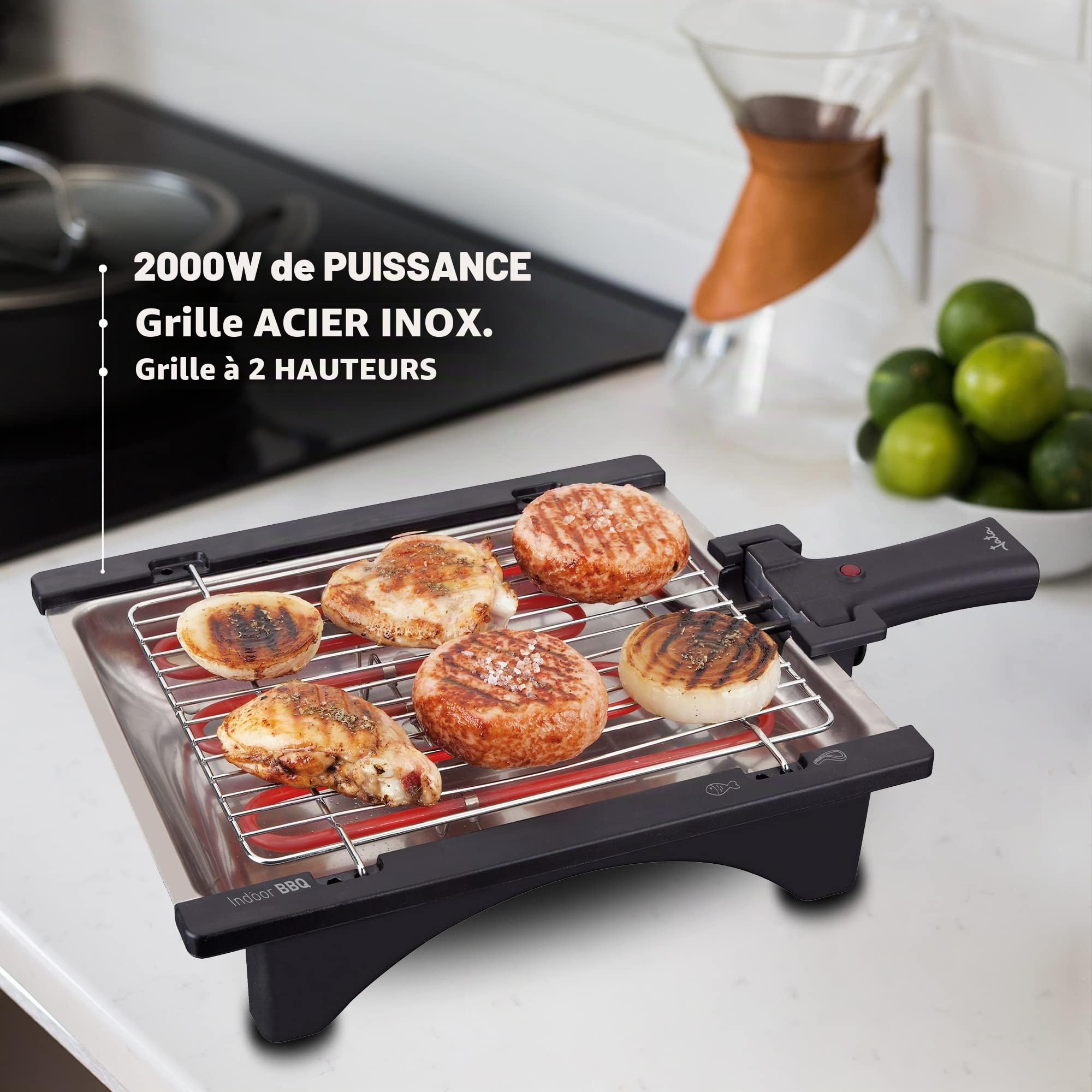 Jata BQ95 Barbecue électrique démontable grille 2 niveaux et plateau en acier inoxydable 2 000 W