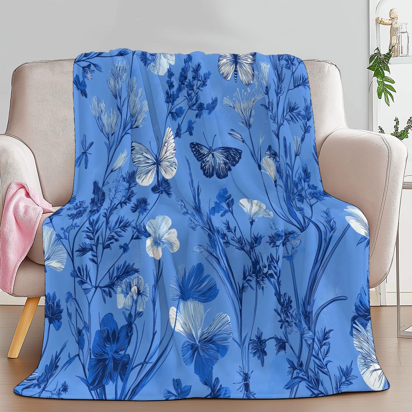 Genérico Polarowy koc flanelowy dla dzieci i dorosłych 200 x 200 cm, koce na sofę z nadrukiem rysunek zwierzę motyl kwiat - niebieski miękki ciepły ciepły oddychający lekki koc