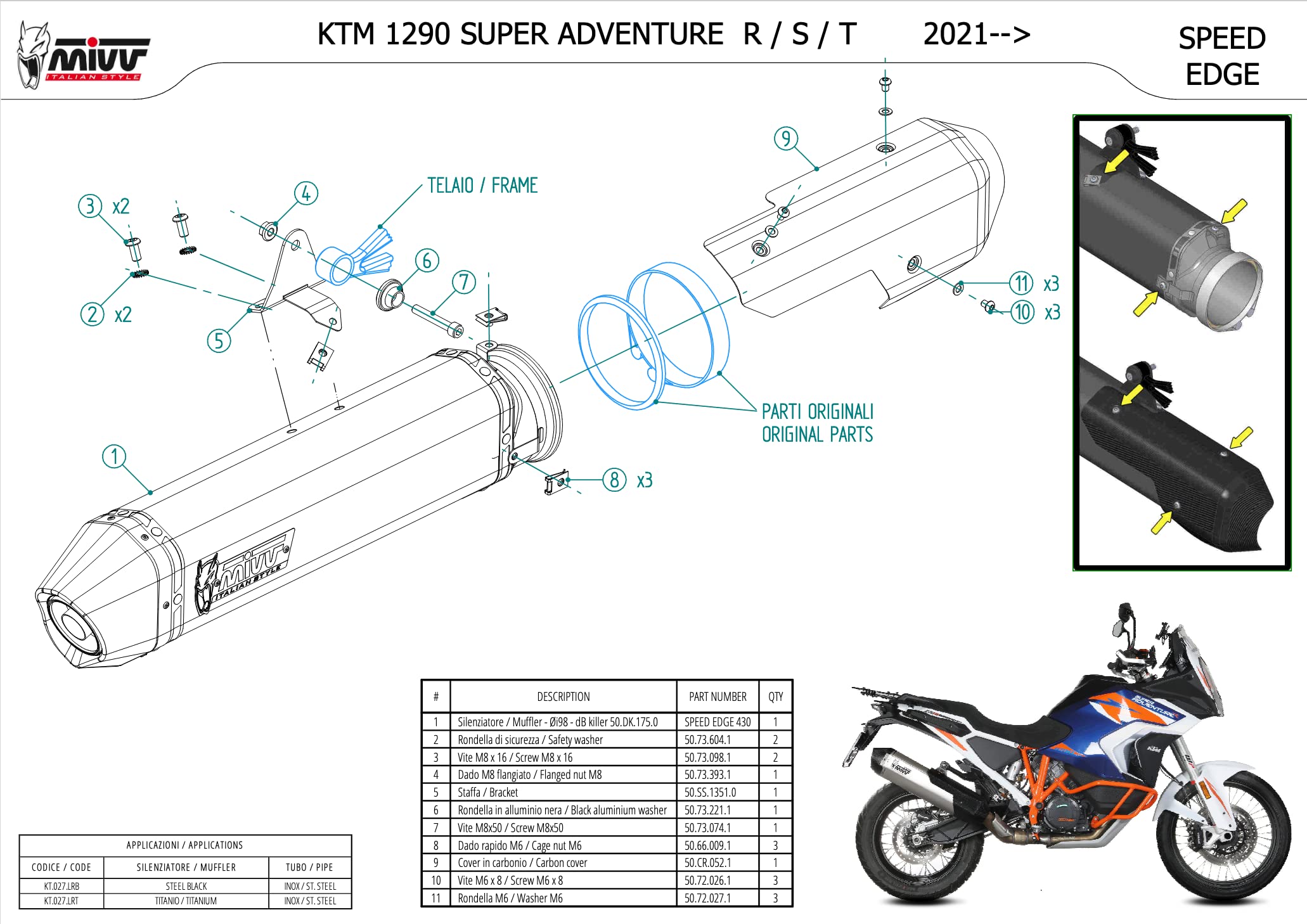mivv tubo de escape homologado cat-oem speed edge titano copa carbono compatible con ktm 1290 super adventure r s t 2021 2022 mototopgun