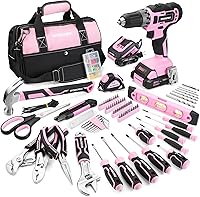 Vista 1 de WORKPRO Kit de herramientas rosa con taladro, juego de herramientas con destornillador de iones de litio inalámbrico de 20 V, juego de taladro rosa