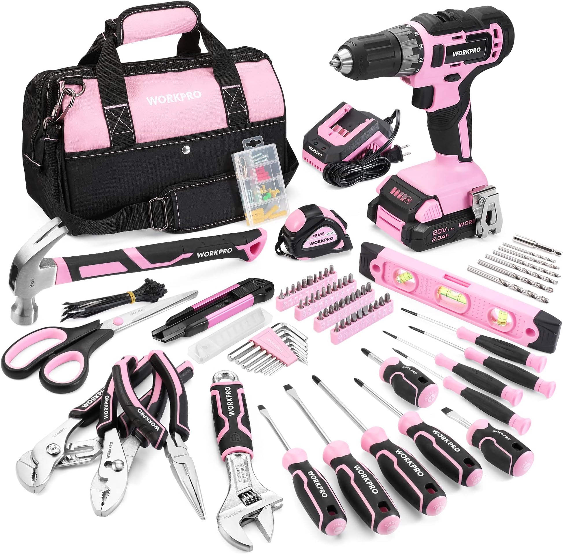 - WORKPRO Pink Tool Kit with Drill, Tool Set with 20V Cordless Lithium-ion Drill Driver, Pink Drill Set for Women, 157PCS Home Tool Kit, Lady's Repairing Kit with 14-Inch Storage Bag - Pink Ribbon