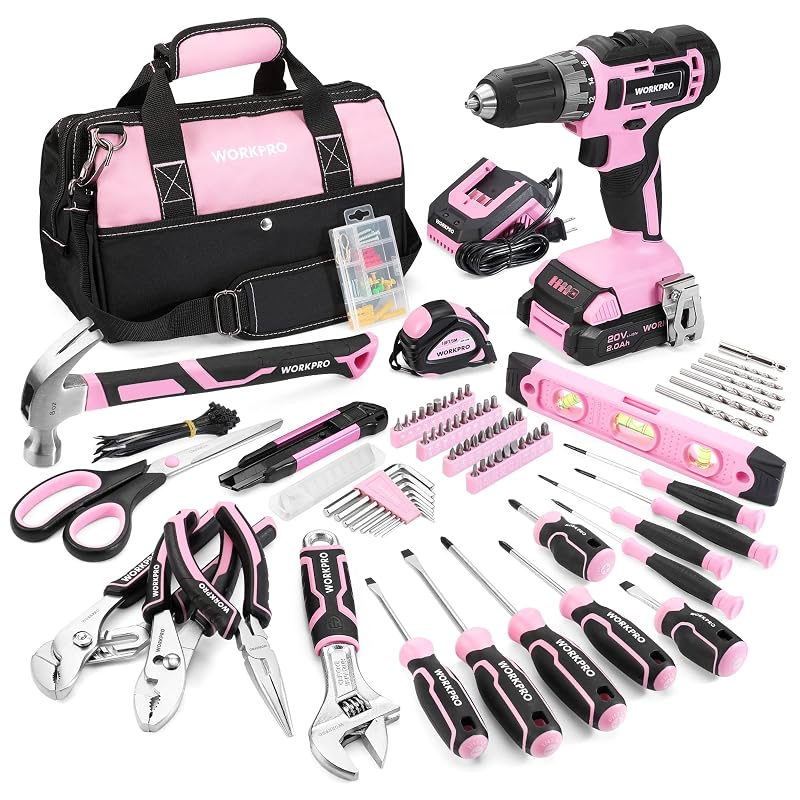 WORKPRO 20V Cordless Pink Drill Set for Women, Home Tool Kit with Bag