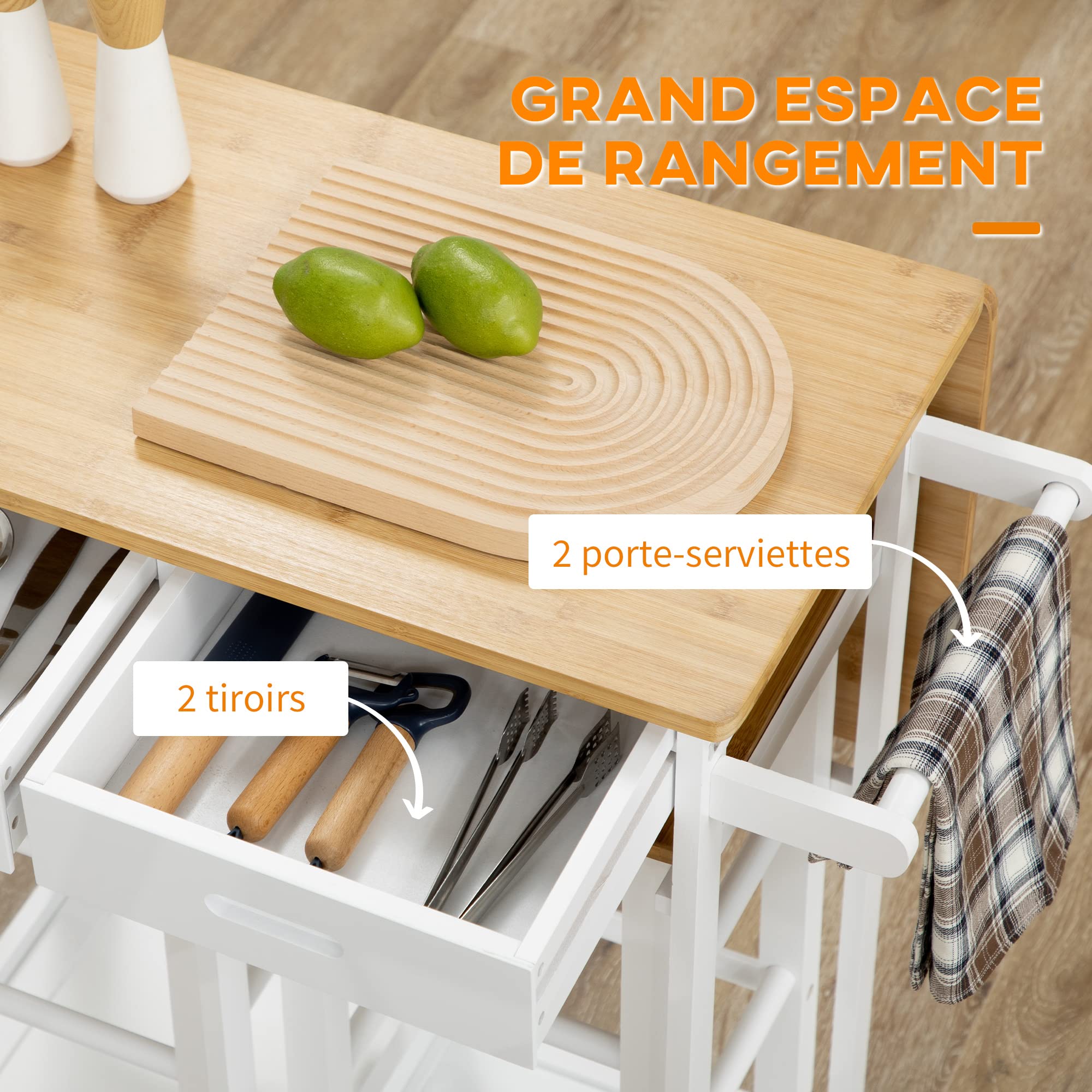 HOMCOM Ensemble Table de Bar Chariot de Cuisine Table de Cuisine Pliante roulettes + 2 tabourets Blanc et Bois Clair - 2 tiroirs et Porte-torchons